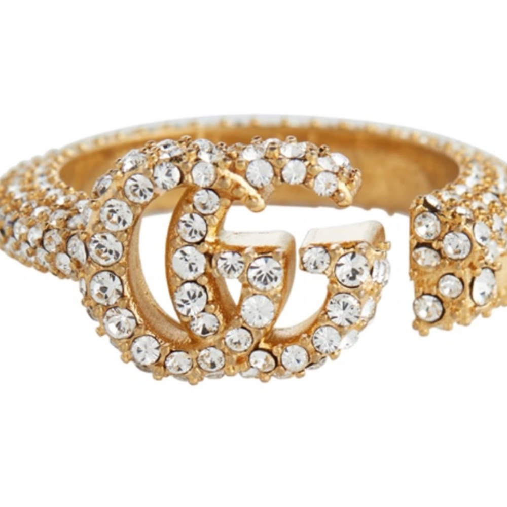 GUCCI 💕💎 Gold Crystal Embellishment Double G Ring - Size 6/7 NWT
